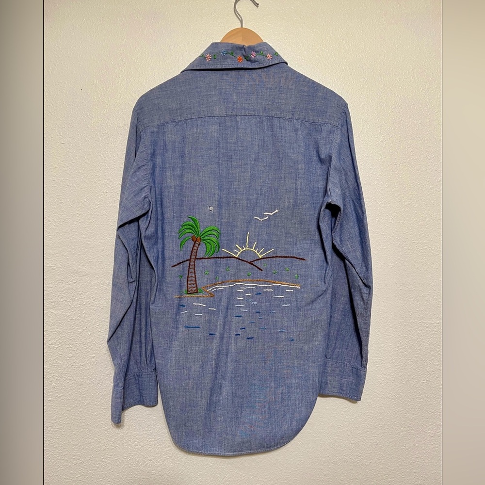 Vintage 1970s Embroidered Denim Chambray Shirt